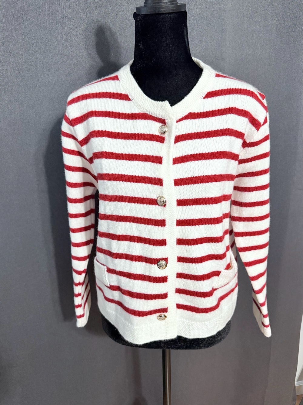 Preppy Nautical Sweater Womens Medium Stripe Gold Anchor Buttons Cardigan Beach